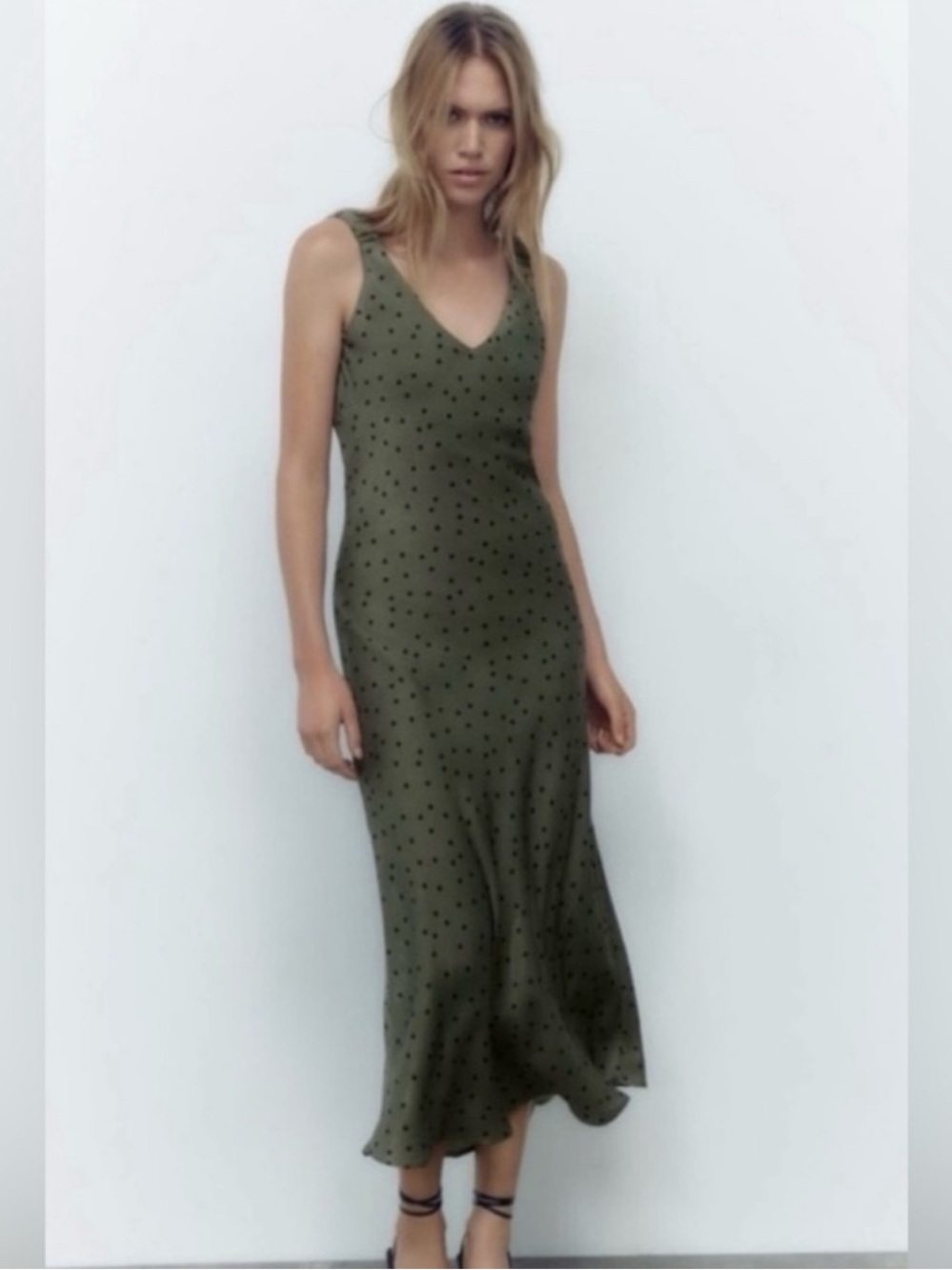 Like-New Zara Sleeveless Olive Green Satin Polka Dot Slip Dress